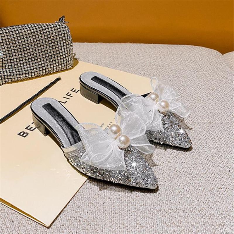 Women Slippers Fashion Rhinestone Sequins Slip On Square Heel Pumps Lady Classic Black Beige High Quality Comfort Summer Shoes