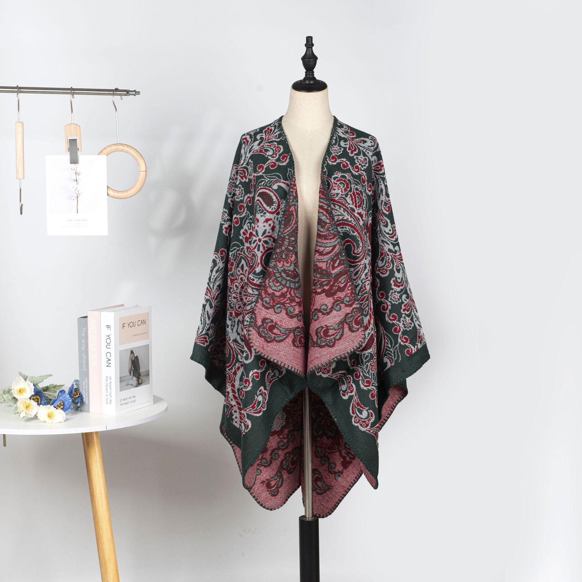 

Нишевый двусторонний вязаный дизайн, этнический стиль, большой платок с разрезом для помещения с кондиционером, теплая накидка высокого класса для улицы 131*150CM зелёный