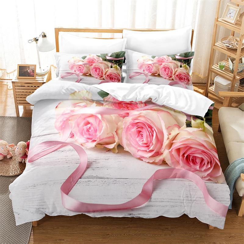 Pink Roses Bedding Set Duvet Cover 3d Flowers Bedding Set Fashion Soft Warm Bedding King Double Girl Bed Set Duvet Cover Set