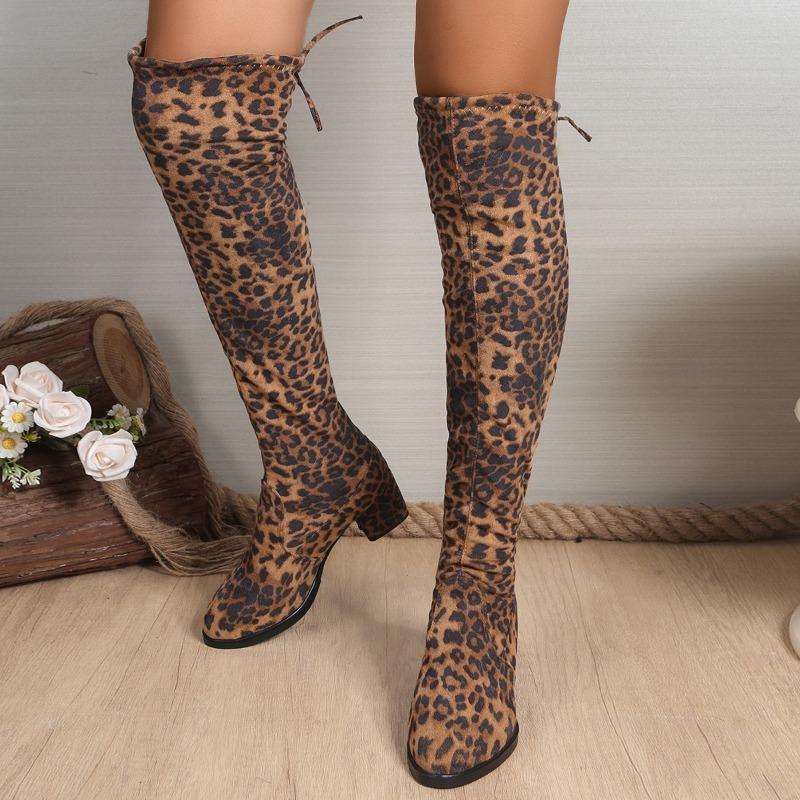 Fashion Skinny Boots Autumn New Round Toe Paneled Leopard Suede Square Heel Over-the-Knee Boots