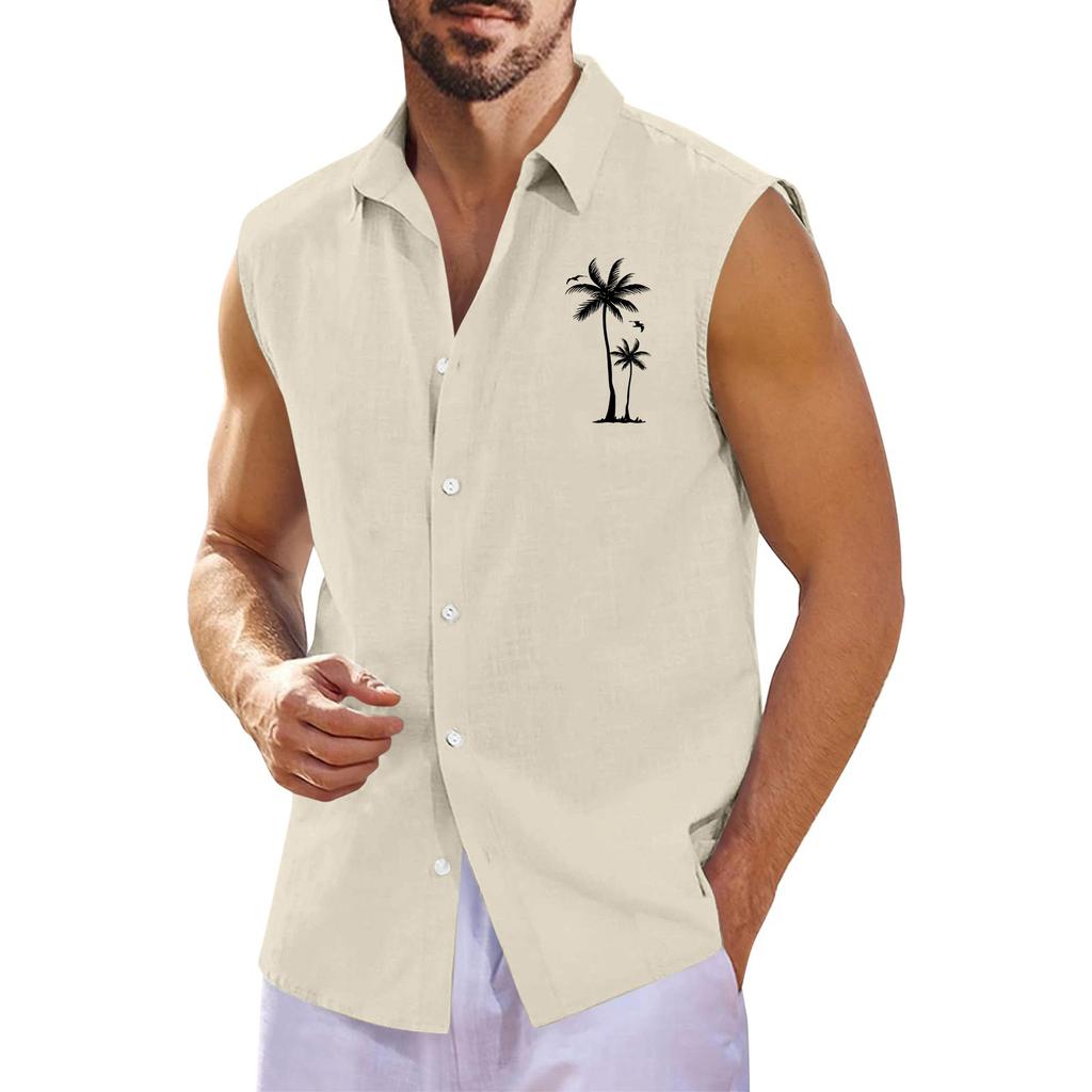 Men's Summer Hawaiian Print Sleeveless Shirt Men's Loose Lapel Sleeveless Button Shirt