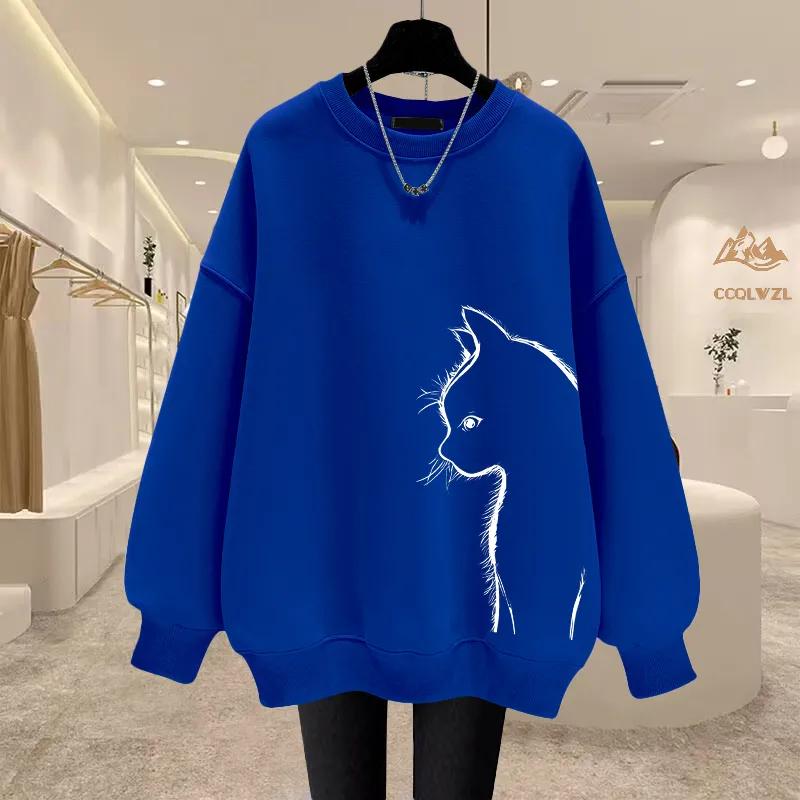 Autumn Winter Casual Printing Vintage O-neck Loose Sweatshirts Women Clothes Solid Color Long Sleeve Pullover Top