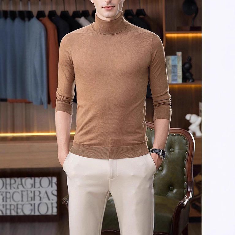 Men's High Neck Wool Sweater - Light Luxury, Solid Color, Brushed Fleece, Autumn/Winter Casual Knit