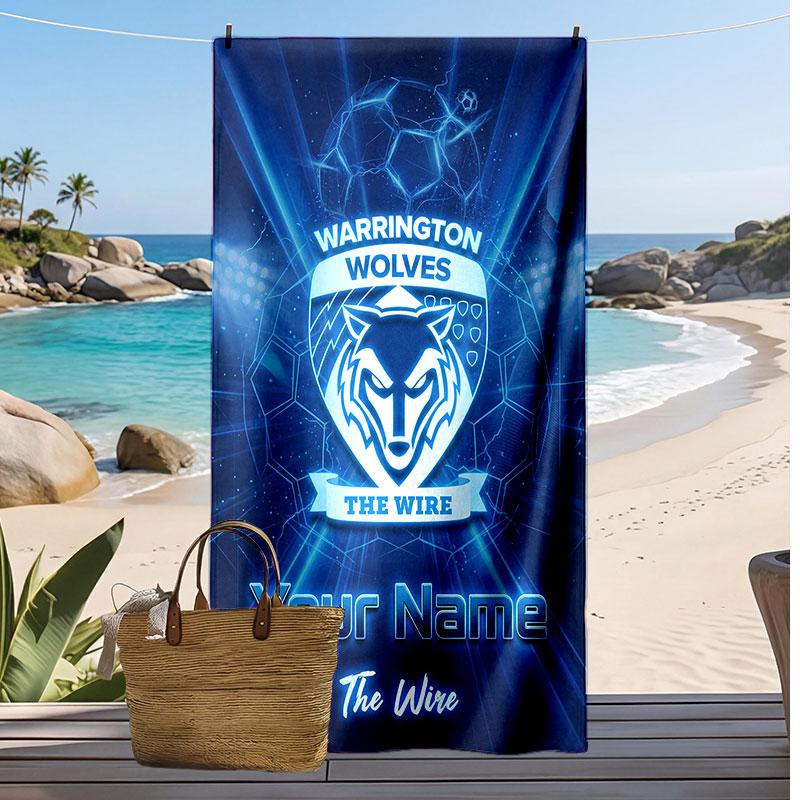 Warrington Wolves FC Personalized Printed Beach Towel Soccer Logo Support Custom Name Text Absorbent Towel For Sport Travel Special Gift