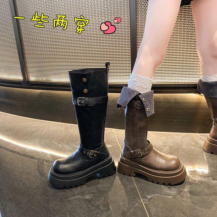 Maillard brown boots women's 2025 autumn and winter new fat MM thick legs heightening knight small tall boots