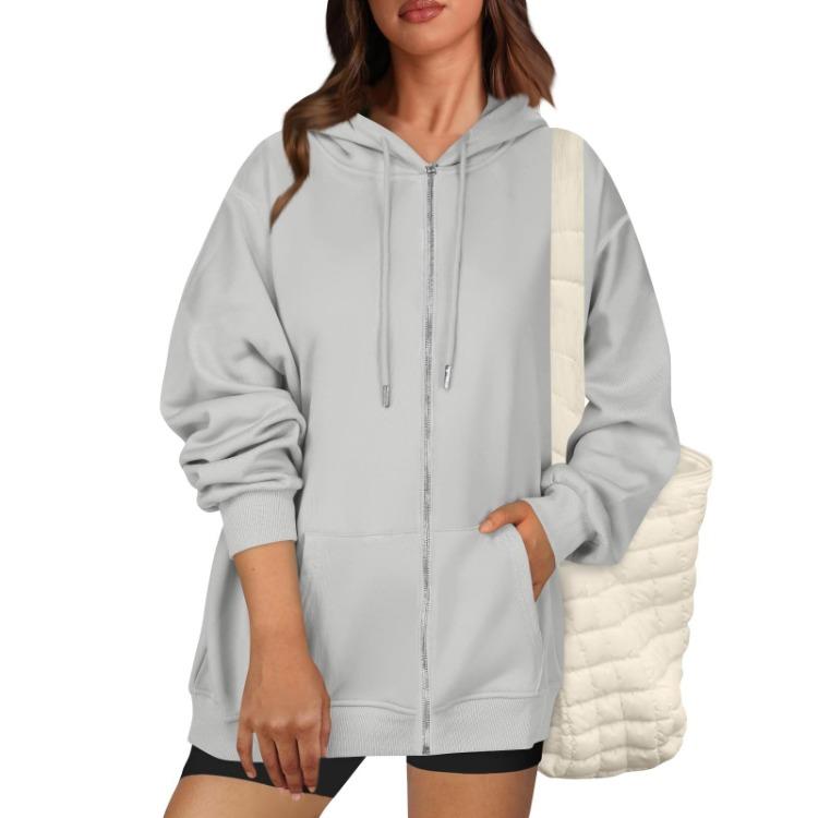 Casual Women Loose Hooded Zip Pocket Sweatshirt Jacket Fashion Top