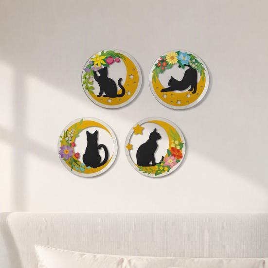 Healing Atmosphere Wall Art 4Pcs Wooden Cat Decor, 2D Flat Round with Flower Creative Animal Hangings Moon Elements, Lightweight Decorative