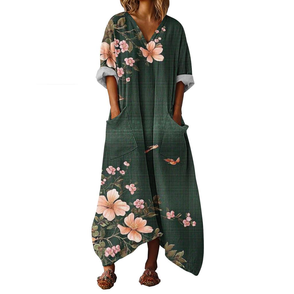 Loose Fit V Neck Floral Print Maxi Dress with Short Sleeves and Pockets Comfortable Casual Style Kaftan for Women