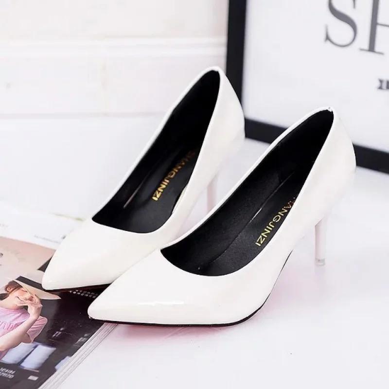 2025 Large Size Women's Pumps Pointed Toe Patent Leather High Heels Dress Shoes White Wedding  Thin  Basic Pump Red