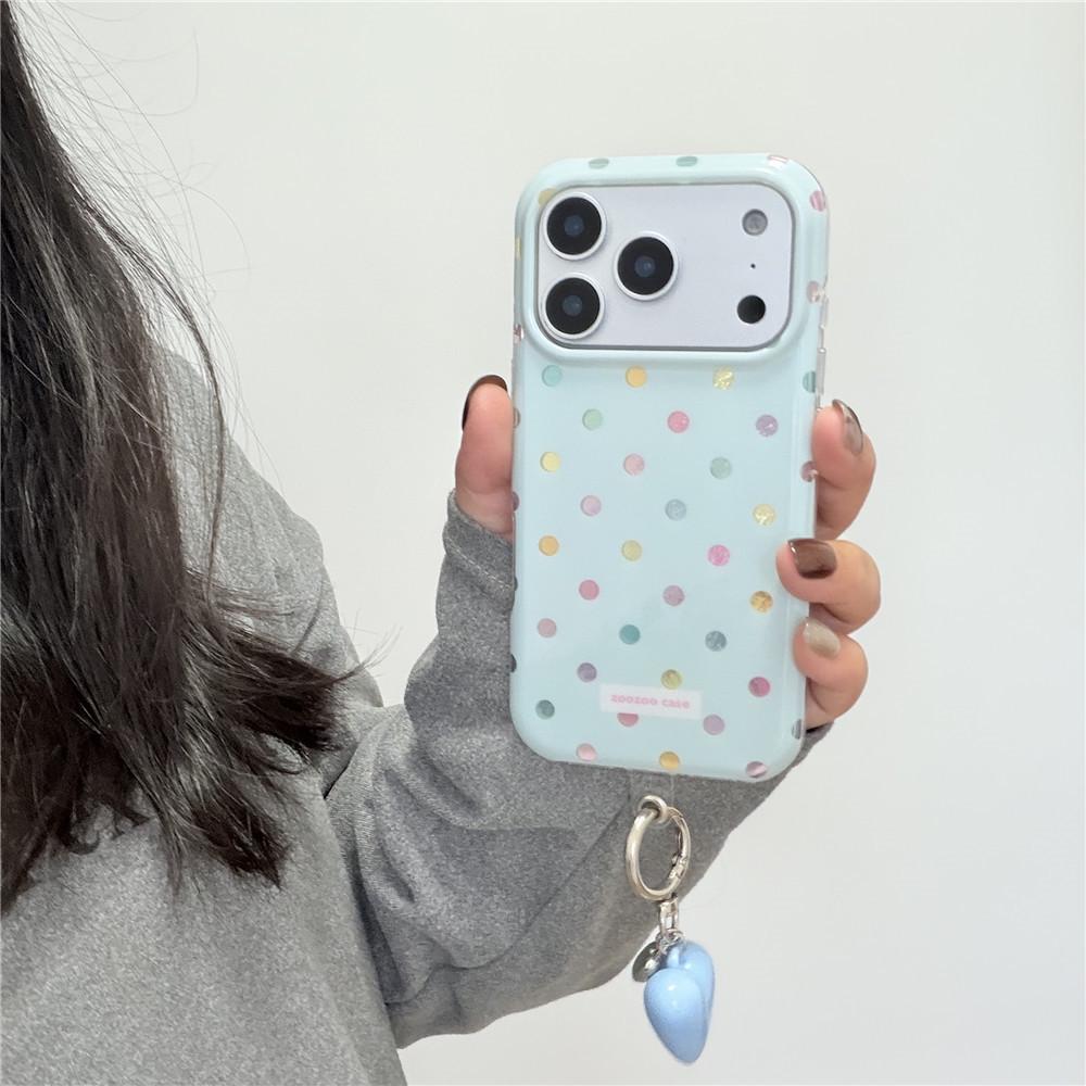 Colorful Polka Dot Drop-Proof Case with Heart Pendant, Compatible with iPhone 17 Pro, 16 PM, 15, and 13 - Japanese Korean INS Style