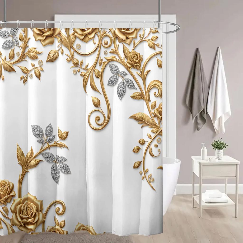 Eleganter gold- und weißfarbener wasserdichter Duschvorhang mit floralem Muster – Perfekt, um Ihrer Badezimmerdeko eine luxuriöse und stilvolle Note zu verleihen
