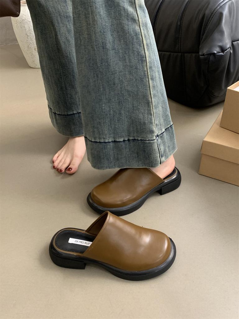 Fashion Mules For Women 2024 Cover Toe Ladies' Slippers Loafers Luxury Slides Mid Heel Spring Summer New Driving Closed Toe Half Slipper