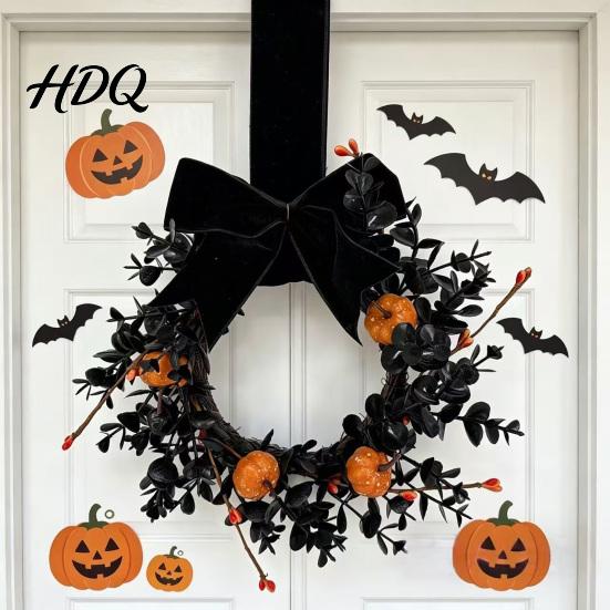 Pumpkin Wreath Halloween for Front Door 9 Inch with Black Entrance Decor