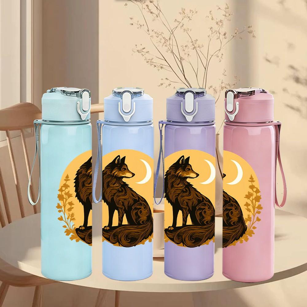 1PC Night Moon Wolf Art 750ml Color Plastic Sports Water Bottle Leakproof Flip Straw Lid Suitable for Sports Office Home Use