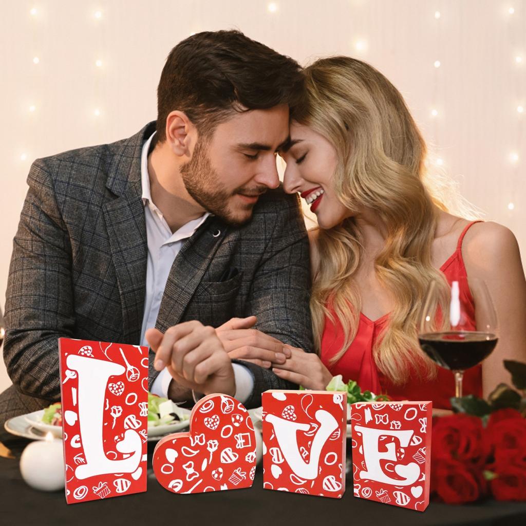 LOVE Letter Ornaments Wedding Red Square Ornaments Home Couple Wooden Crafts Decoration