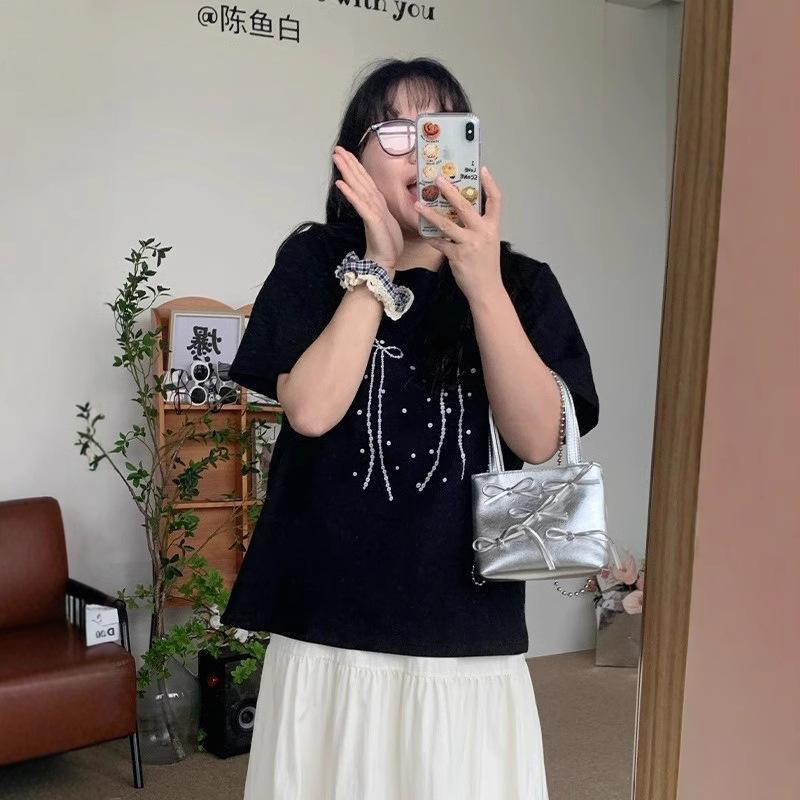 Large size loose cotton short-sleeved t-shirt women's new spring and summer fat mm meat covering and thin black bow trendy
