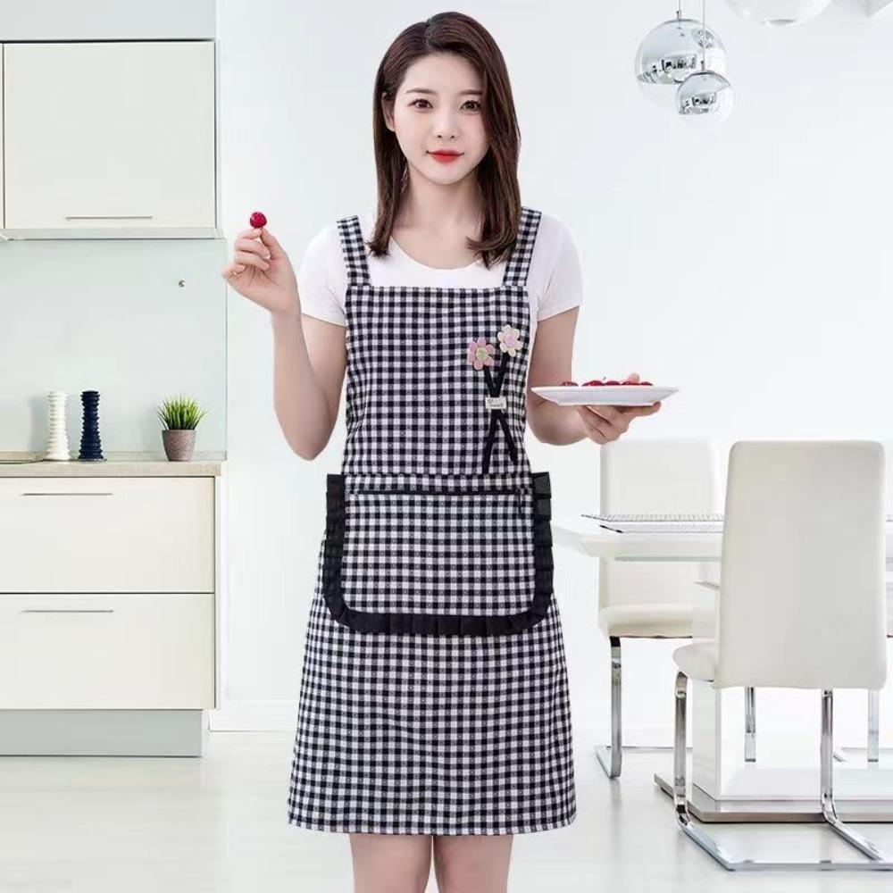 Household Plaid Women Apron Cotton Overalls Oil-proof Chef Aprons Large Pocket Cooking Apron Home Cooking