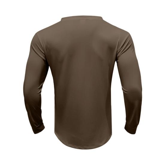 Yousheng Men Spring Autumn Top Button Decor V Neck Long Sleeves Solid Color Pullover T-shirt Stretchy Slim Fit Fitness Sport Top