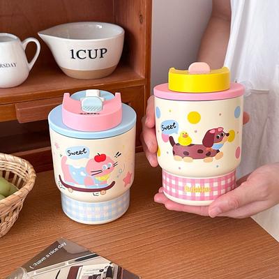 Copo Térmico Duplo para Bebidas Infantil Desenho Animado Aço Inoxidável 316 Copo de Café Feminino Alto Valor com Canudo Portátil Bolso Copo de Água