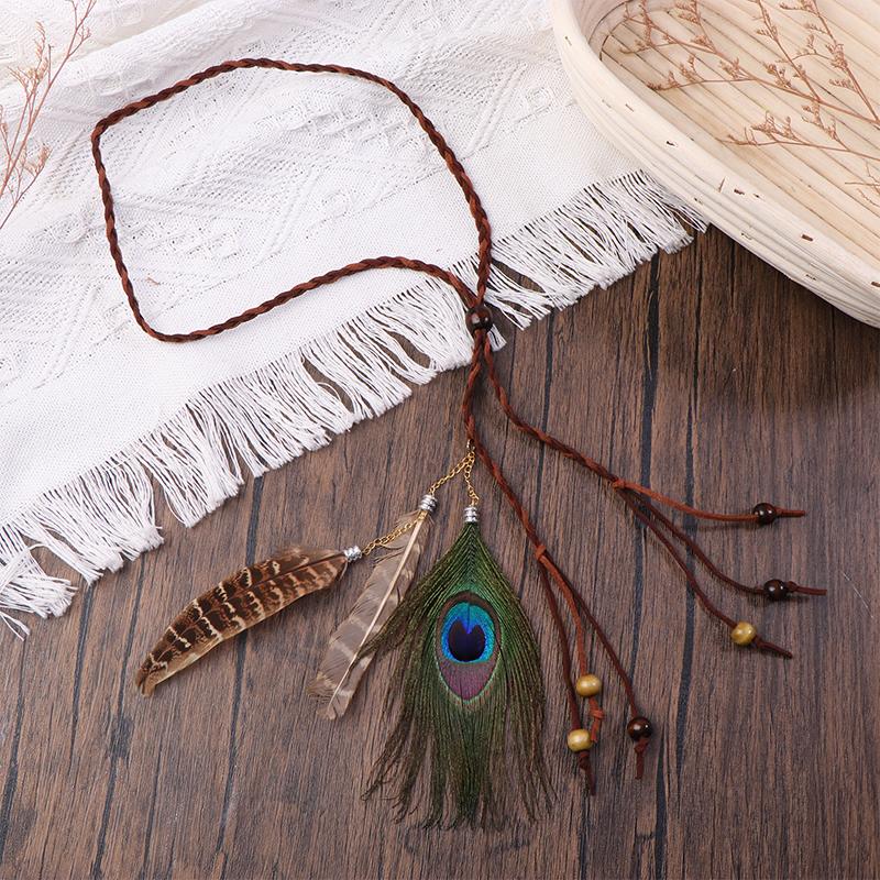 Retro Boho Peacock Feather Braided Rope Headband Hairband Women Headgear Feather Headdress Indian Headwear Hair Accessories Gift