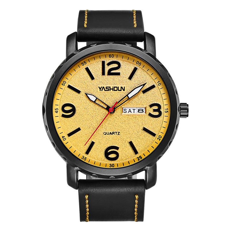 YASHIDUN Men s Color Block Leather Strap Quartz Watch - Fashionable, Waterproof, Double Calendar