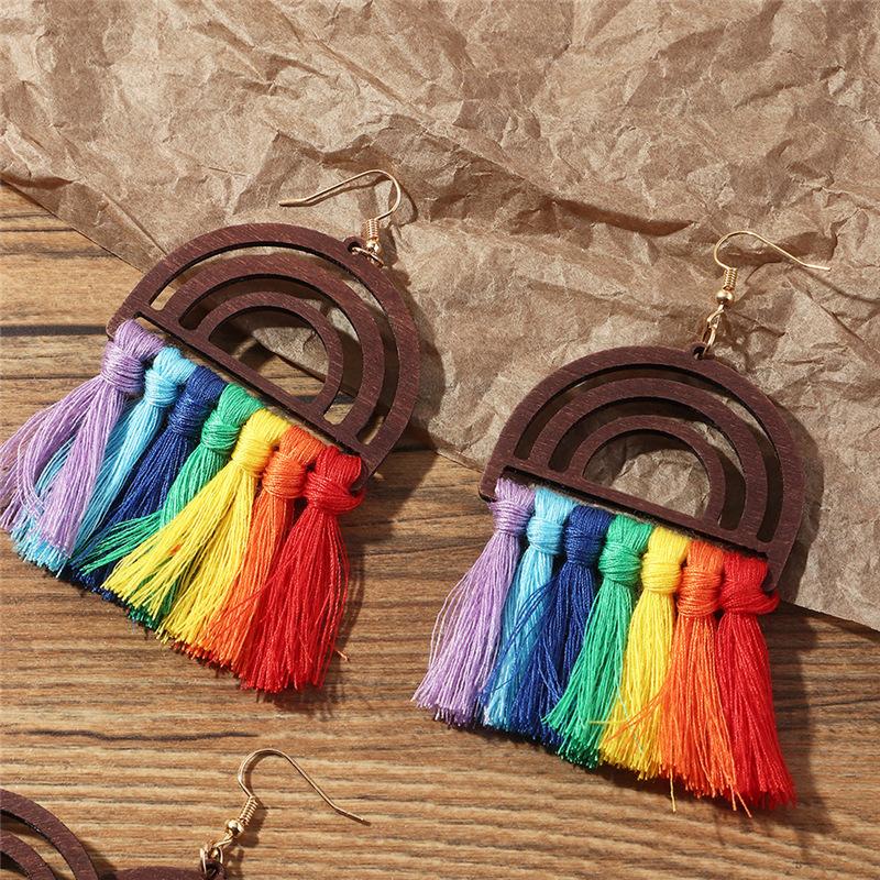 

Bohemian ethnic style wooden rainbow fringed earrings personalized retro exaggerated vacation travel photo earrings women