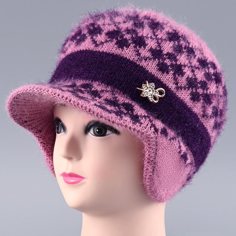 Hat Female Winter Rabbit Hair Warm Wool Hat Old Lady Cold Protection Ear Protection Knitted Hat