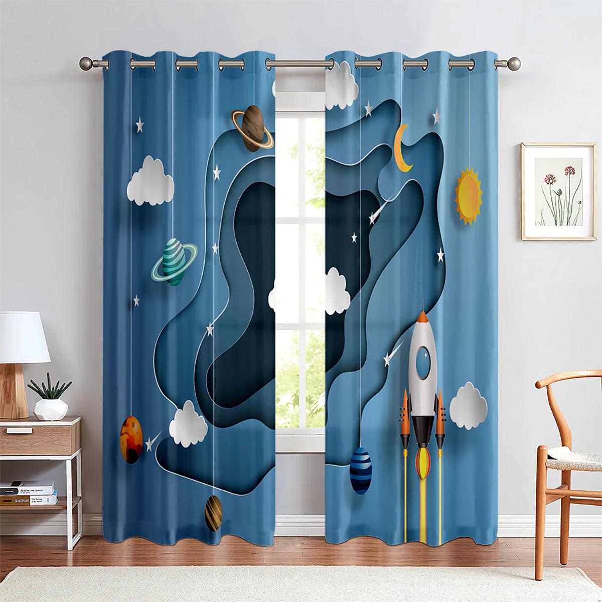 

2Panels Cartoon Curtains Cute Astronaut Rocket Moon Planet Printed Curtains for Children s Bedroom Living Room Kitchen Decor W60xH100(CM)x2pcs&Rod Pocket
