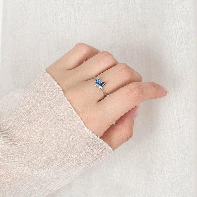 925 Silve Blue Dropwise Glaze Ring for Women Girl Gift Zircon Butterfly Sweet Romantic Jewelry