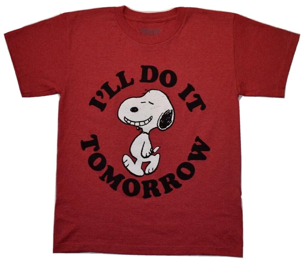 Peanuts Youth Boys Snoopy I ll Do It Tomorrow Funny Red Shirt New S M