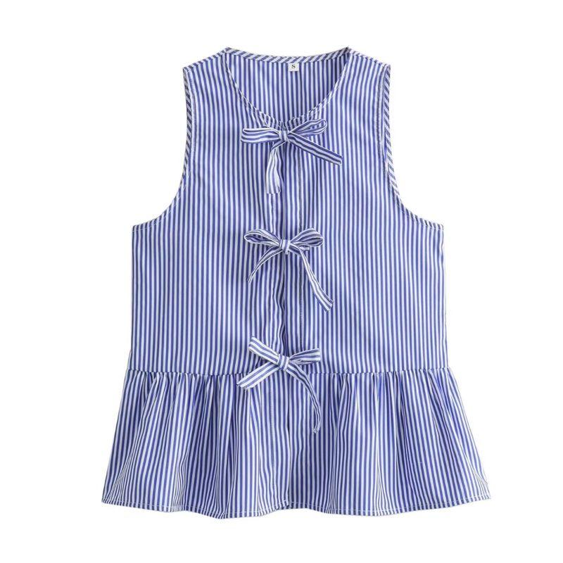Kaslead New Arrival Women's Clothing Fashion Style Fashion Casual Easiest for Match Minimalist Striped Lace-up Shirt Vest