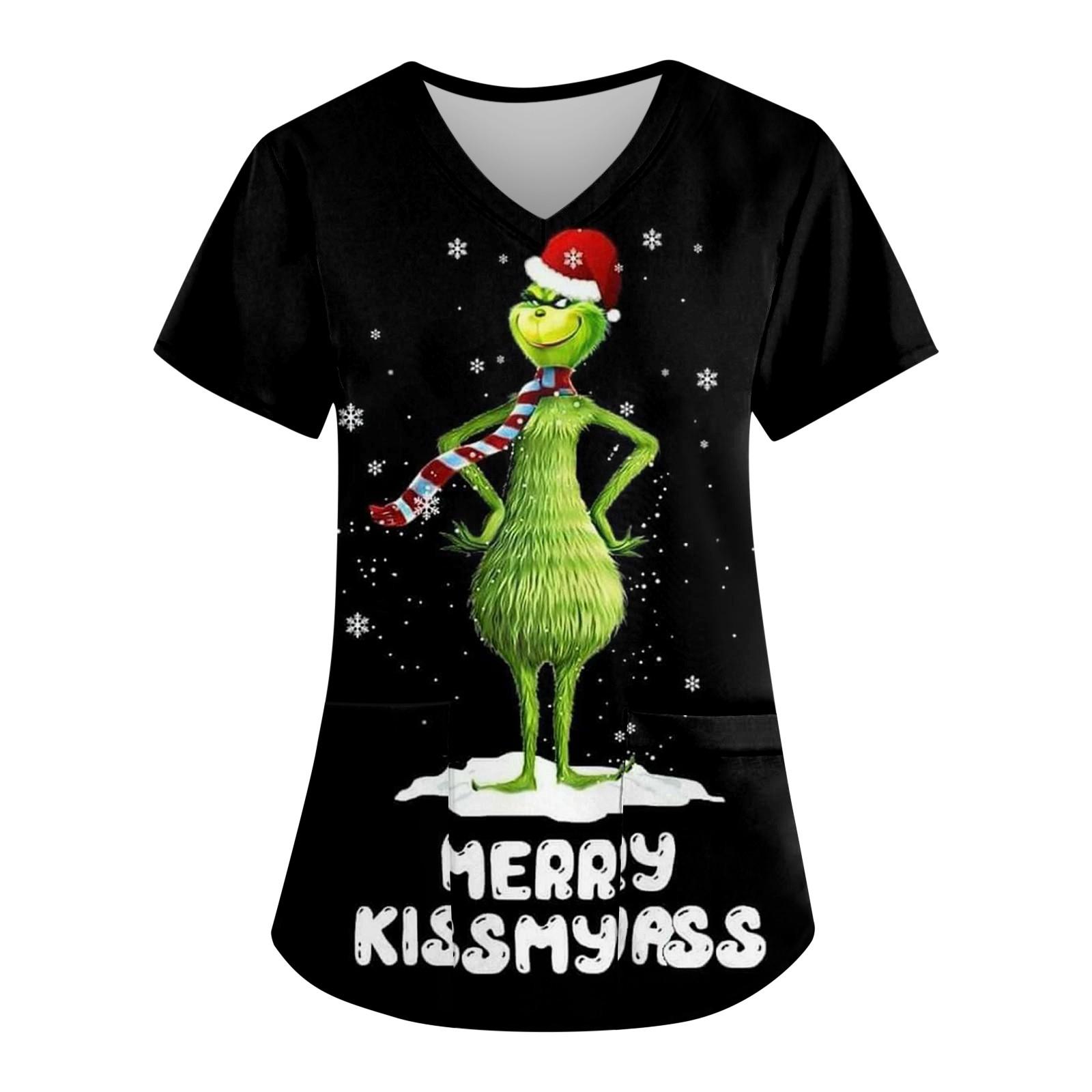 

Рождественский женский модный повседневный рождественский топ с v-образным вырезом и принтом, защитный рабочий костюм XXL чёрный