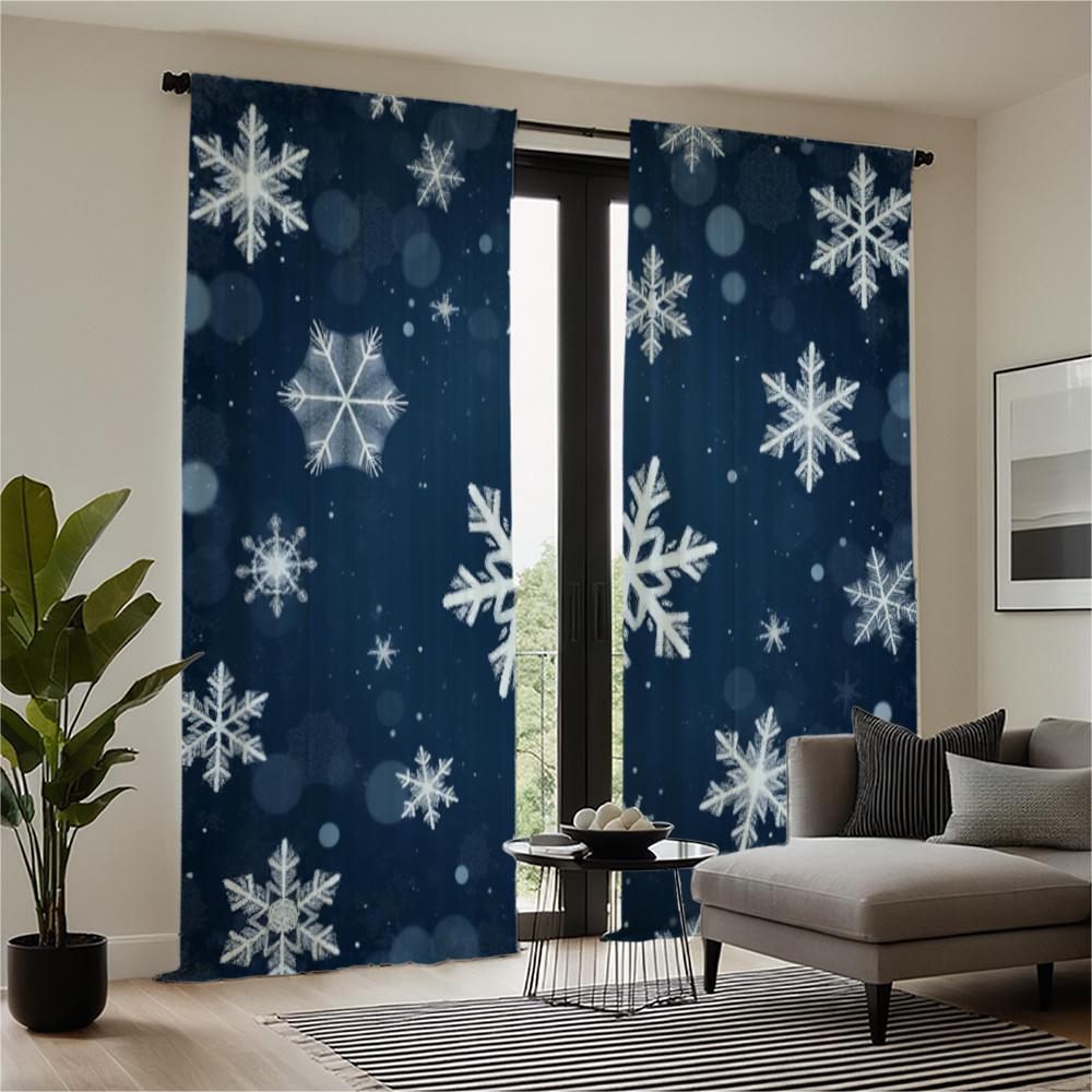 2 ks zimních závěsů se sněhovými vločkami - Tmavě modré závěsy s bílými sněhovými vločkami pro obývací pokoje a ložnice - Polyester, lze prát v pračce