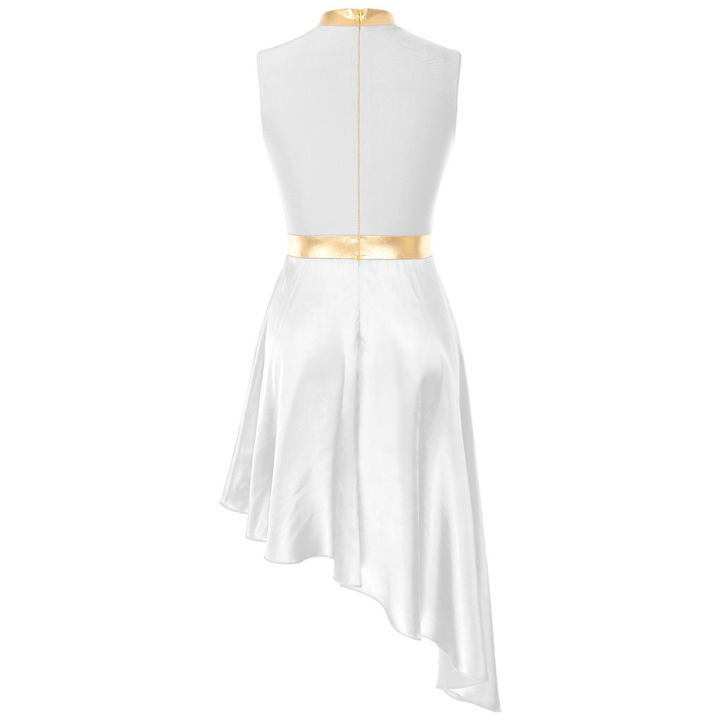 Damska sukienka do tańca lirycznego w bloki kolorów Niewidoczny zamek błyskawiczny z tyłu Zwiewny asymetryczny dół Bezrękawnik