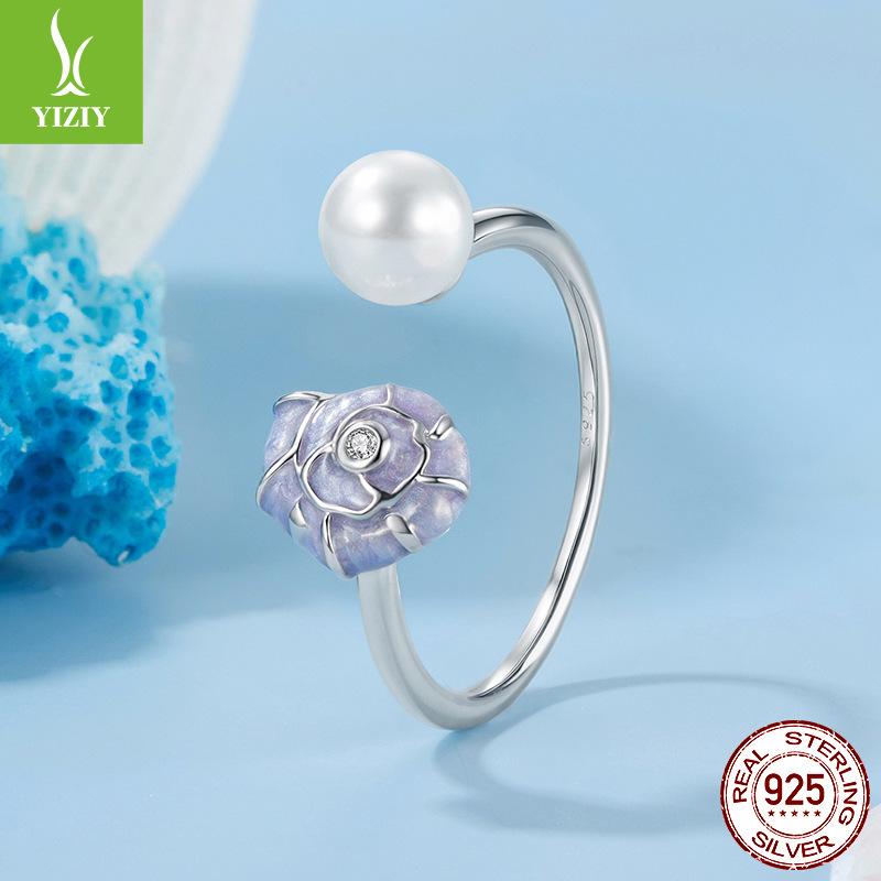 S925 Sterling Silver Lavender Conch Open Ring, Elegant Premium Adjustable Ring Jewelry