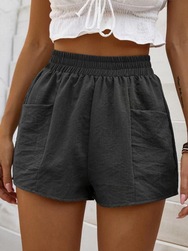 2025 Women's Fashion Elastic High Waist A-line Pocket Wide Leg Casual Cotton Linen Shorts