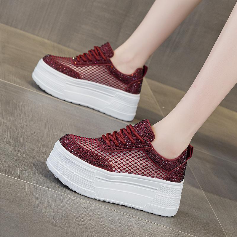 7 Thick-soled Muffin Women's Summer New Breathable Rhinestone Mesh Yarn Heightening, Lightweight and Versatile Casual Net Shoes