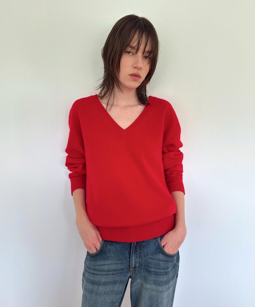 DIAGONAL V Neck Basic Knit (Red)