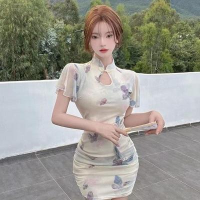 Neues Sommer Chinesisches Qipao Netz-Puffärmelkleid - Sexy Bodycon Minirock für Damen