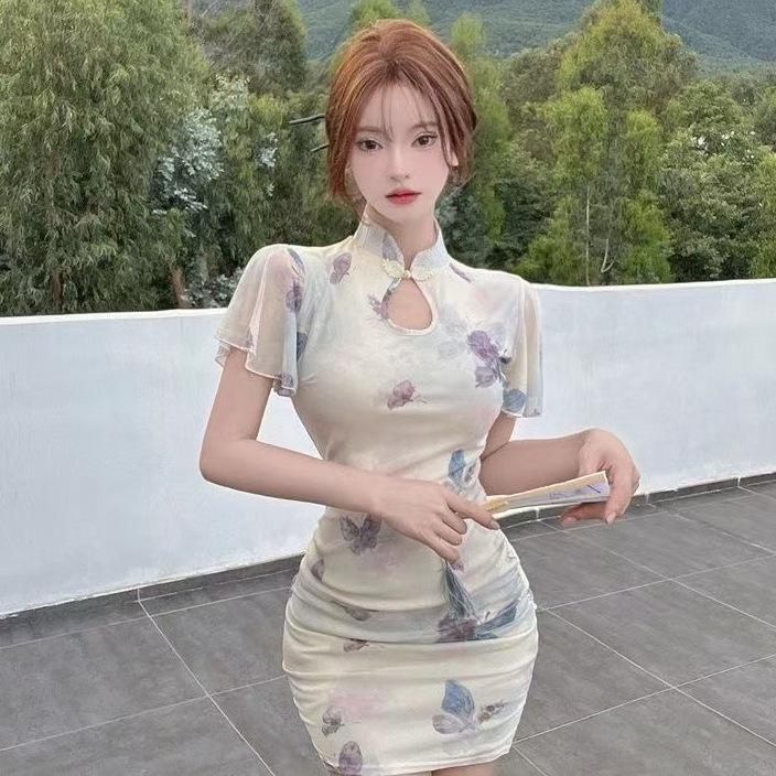 Nové Letní Čínské Qipao Síťované Šaty s Nabíranými Rukávy - Sexy Bodycon Mini Sukně pro Ženy