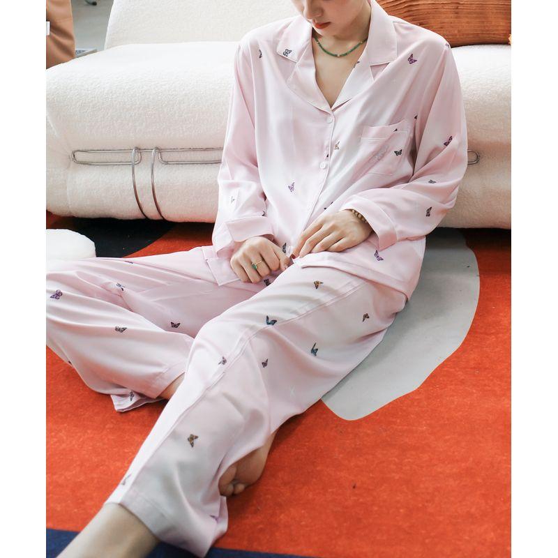 Gao Ding Light Luxury ~ Fantasy Butterfly Blue Ice Silk Satin Pajamas Women Summer Set Long sleeve Trousers Thin Homewear