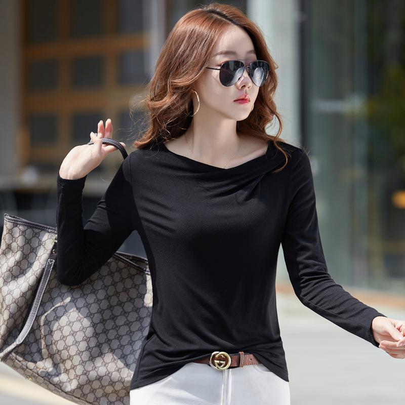 

Осенний вязаный плиссированный воротник, повседневный хлопковый топ из модала, рубашка, элегантный темперамент, офисная женская тонкая базовая блузка S чёрный