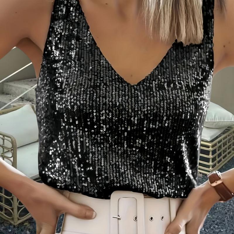 Women Sexy Sequin V Neck Sleeveless Ladies Tank Top