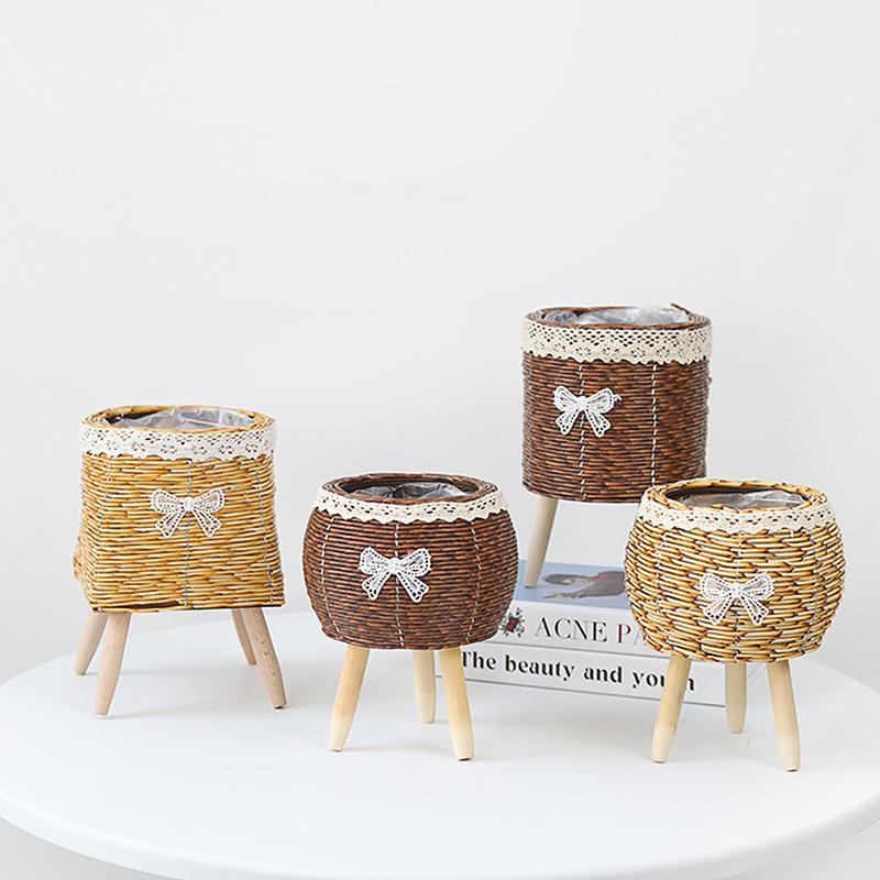 Fashion Rattan Woven Flower Pot Creative Flower Planters With Legs Durable Hand Wove Plant Stand Desktop Plant Pot Basket