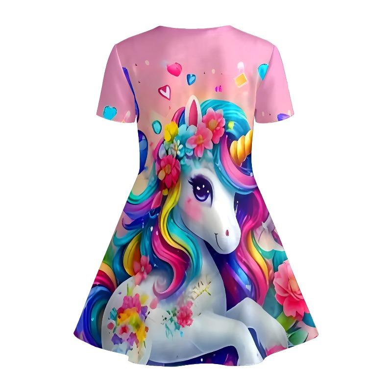 Girl Flower Unicorn Print T-shirt Dress, Pink Rainbow Casual Dress, Suitable for Children's Parties, Birthdays and Gifts