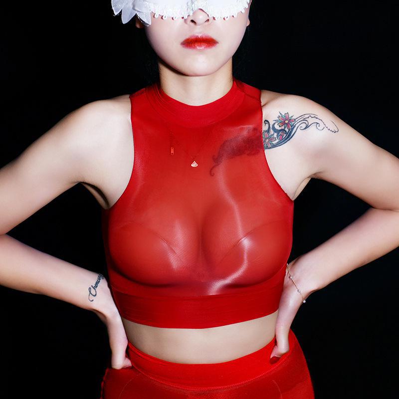 Qinghe 912 Seamless Oily Sheer Stockings & Slimming Sexy Underwear Set