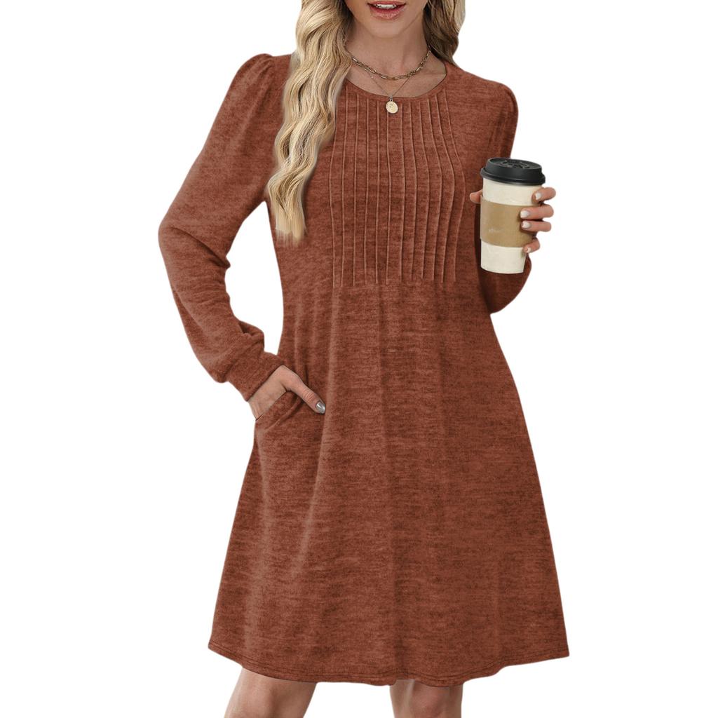 Women's Long Sleeve Pleated Round Neck Solid Color Casual Dress With Pockets
