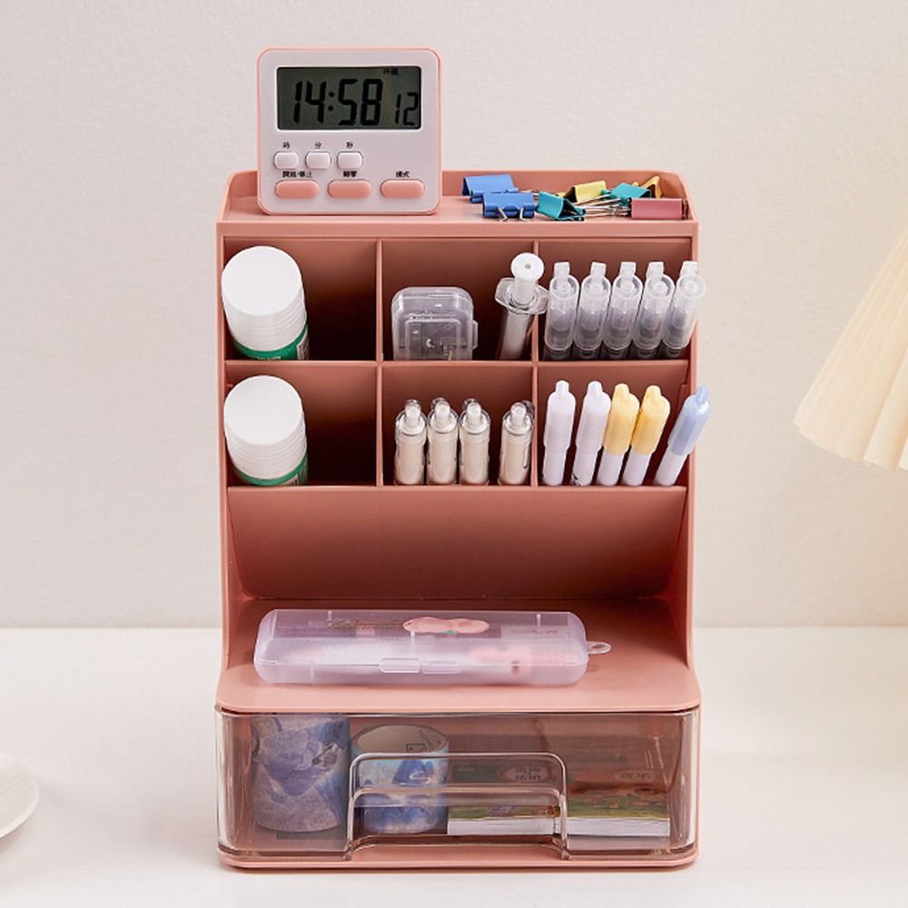Solid Color Oblique Pen Holder 6-Grid Cosmetics Storage Box Desktop Storage Drawers  School