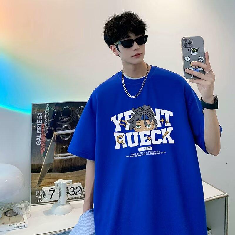 

Футболка с коротким рукавом, мужская модная брендовая летняя свободная футболка с коротким рукавом 2024 года, новинка от знаменитостей из интернета, мода, простой принтованный топ 8XL синий