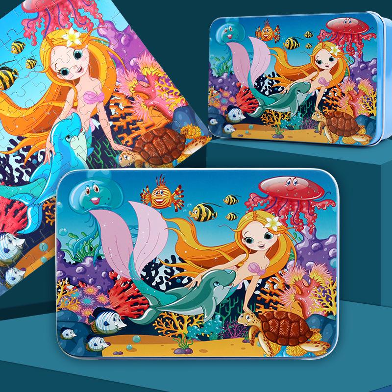 100-Piece Wooden Jigsaw Puzzle Tin Box for Children Ages 3-7: Educational Cartoon Toy